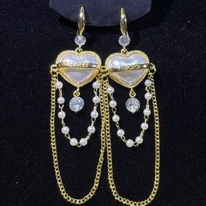 Gold Heart Pearl Drop Earrings - White & Gold